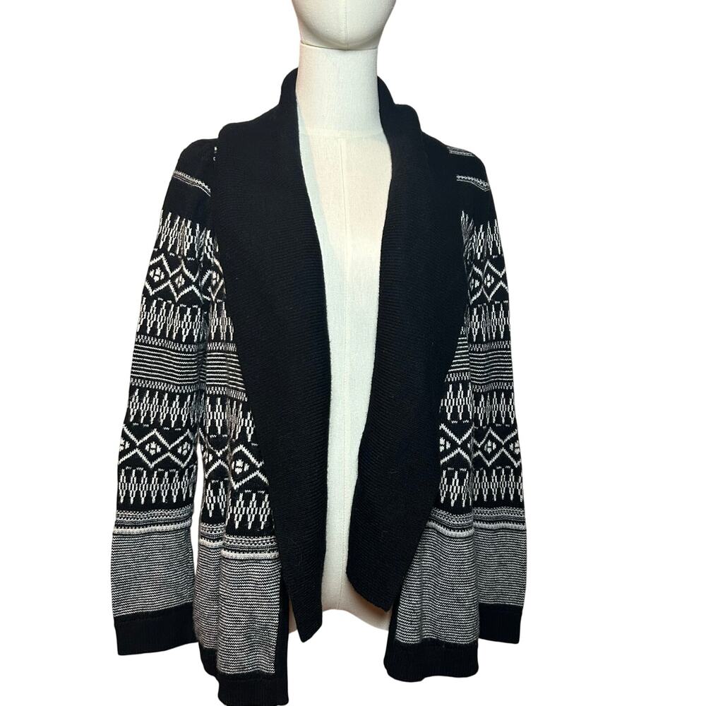 Talbots Fair Isle Wool Blend Cardigan Black White Medium Dark Academia Preppy